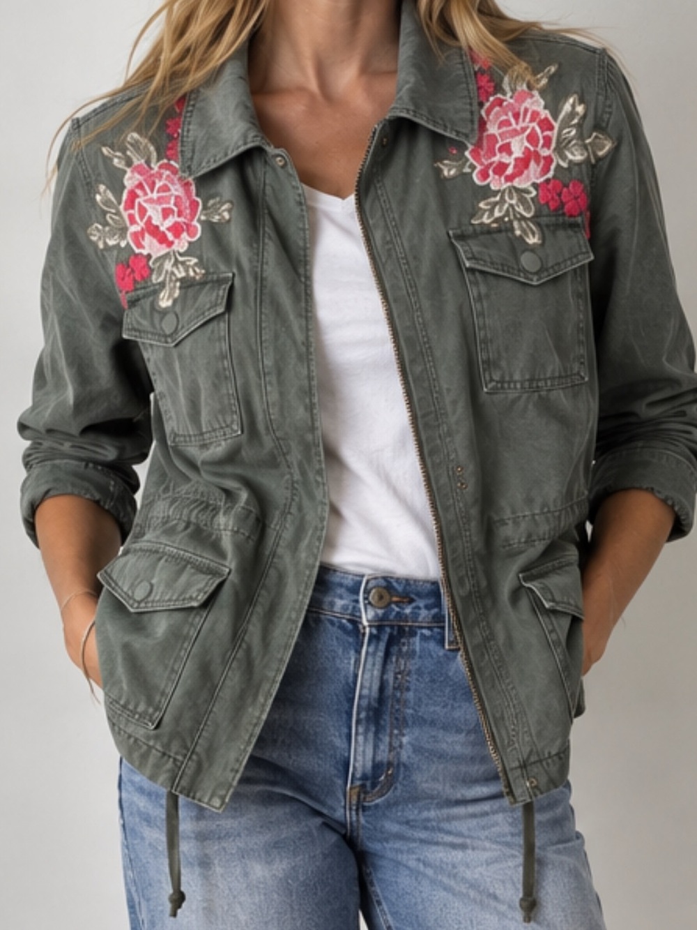 Driftwood Aloe Floral Embroidered Utility Jacket S